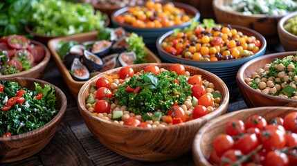 Various types of food displayed in bowls on the table - obrazy, fototapety, plakaty