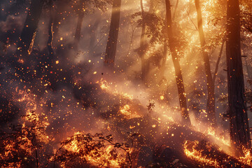 Forest blaze, wildfire in the night, burning trees, environmental danger.