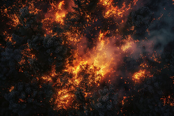 Bushfire in the woods, night blaze, environmental disaster, nature hazard.