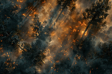 Burning forest, wildfire in the night, trees ablaze, climate danger.
