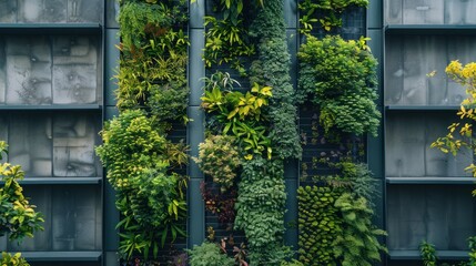Editorial photo of a vertical garden wall on a modern city building, lush greenery contrasting with concrete