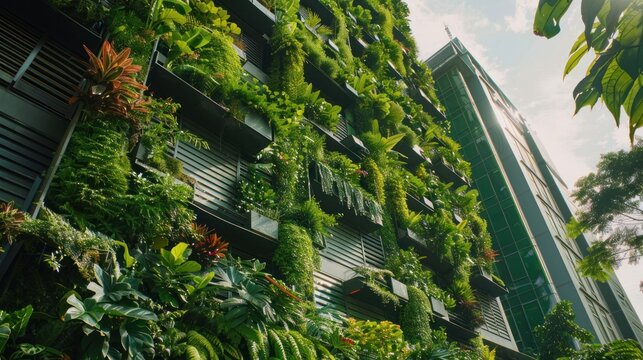Editorial photo of a vertical garden wall on a modern city building, lush greenery contrasting with concrete,
