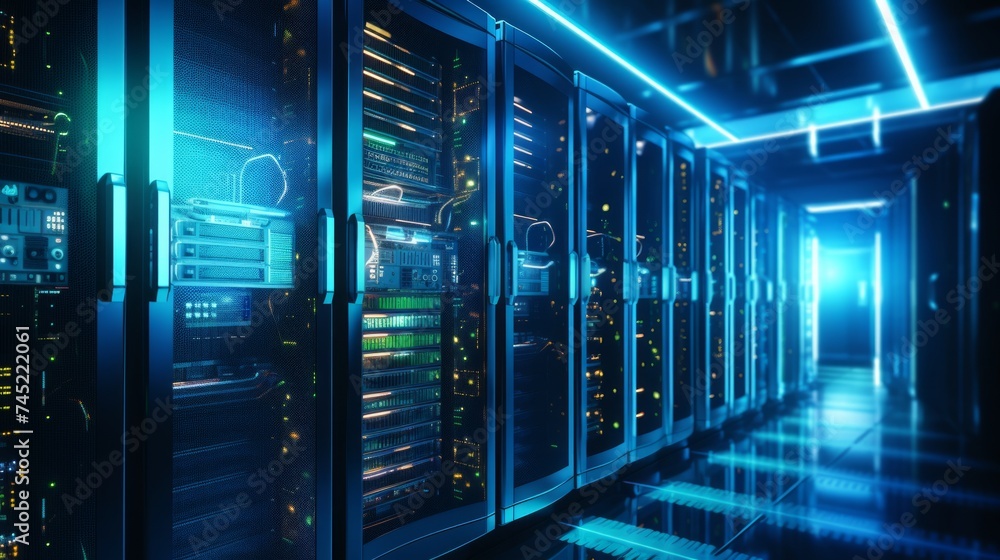 Poster generative ai a detailed illustration of server racks and data storage units within a render farm, e