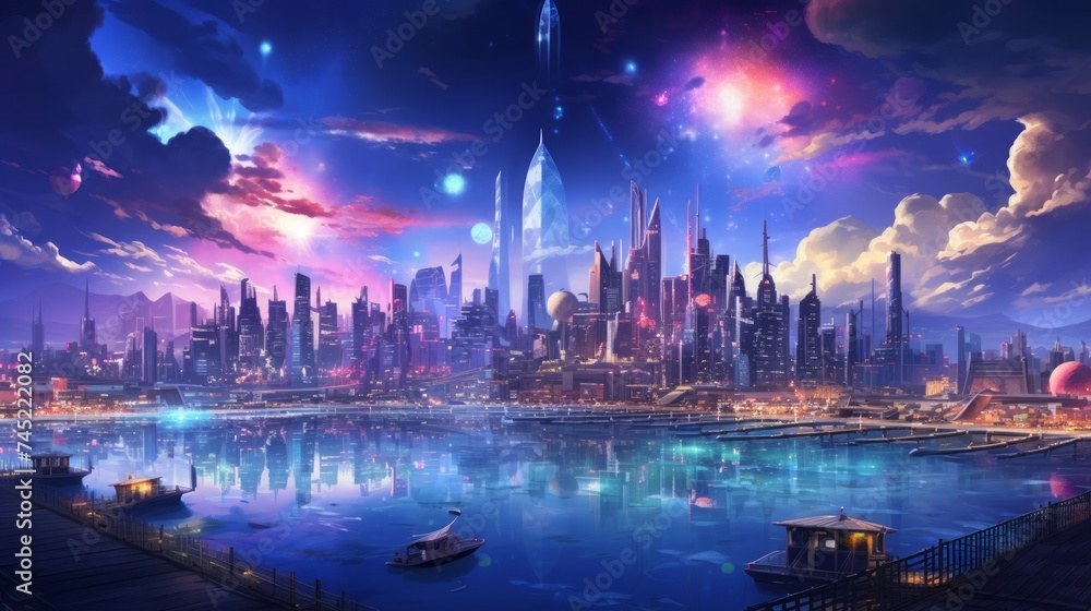 Poster generative ai a digital painting of a city skyline filled with holographic projections, advanced ai 