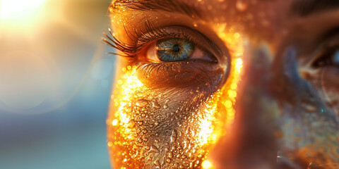 close photo of waterpfoor sunscreen cream fluid oil on the face skin of a young woman with hazel eyes in hard gold sunshine high uv radiantion