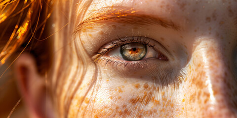 close photo of sun damaged skin of a young woman with hazel eyes and a lot of freckles red hair