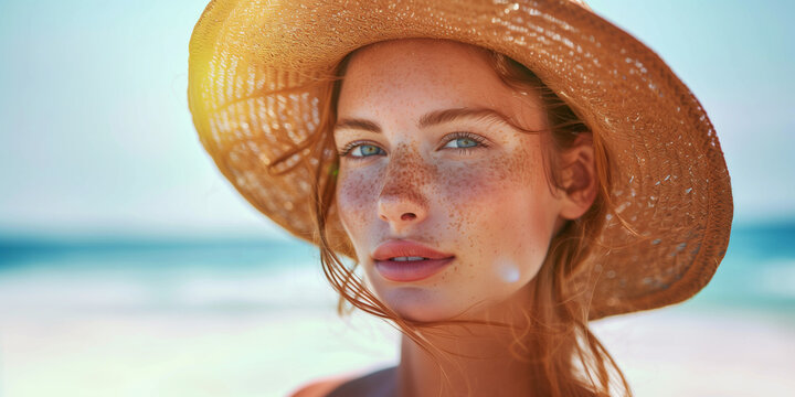 close portrait of sun damaged skin of a young woman face with hazel eyes and a lot of freckles wear sun hat