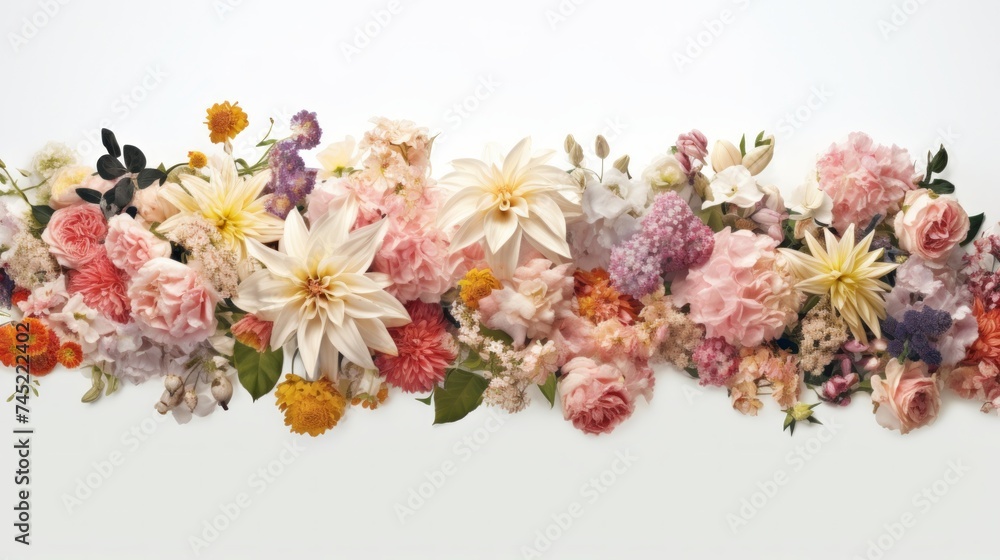 Poster Generative AI A gorgeous cluster of fresh flowers arranged neatly on a white background, offering a clean area for adding event details or custom text overlays