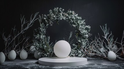 Full-frame studio shot, white stage podium against deep background, Easter wreath arch, 