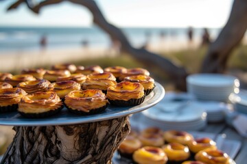 Traditional portuguese vanilla pudding puff pastry pastel de nata on the beach of the ocean. Enjoying delicious dessert on vacation