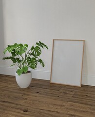 Frame interior, mockup frame, poster wood vertical on wooden floor in empty picture interior in illustration and plant 3d rendering.