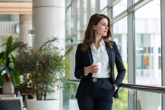 Businesswoman in the office building enjoying a coffee. professional woman in a business suit standing and holding an elegant cup of coffee. Natural light. 