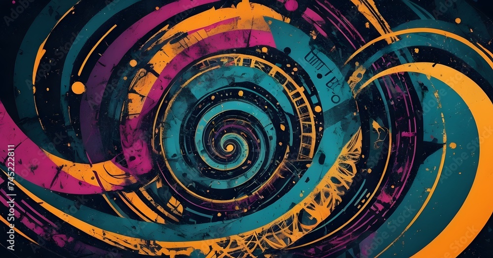 Poster swirling lines and colors merge in a dynamic abstract composition, evoking movement and creative flo