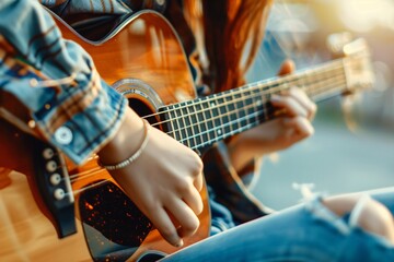 Fototapeta premium Kid playing guitar musical passion plain colored backdrop copyspace for arts and inspiration