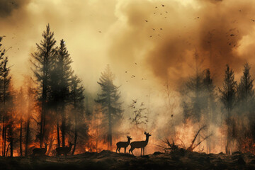 A deer stands in front of a raging forest fire, highlighting the environmental threat posed by wildfires - obrazy, fototapety, plakaty