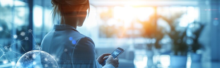 Businesswoman Using Smartphone With Digital Network