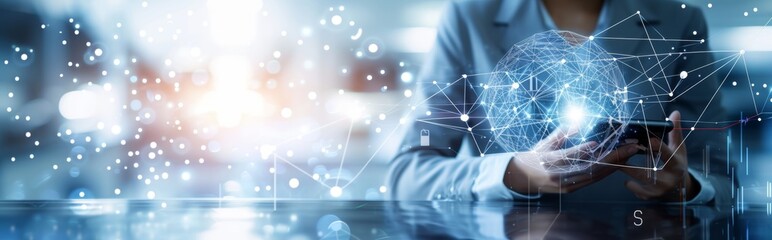 Businesswoman Using Smartphone With Digital Network