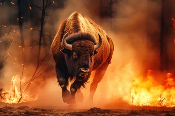Foto op Canvas A bison stands in front of a raging fire in the woods, appearing determined and alert as it confronts the dangerous situation © Anoo