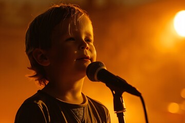 Kid with a microphone future star simple backdrop copyspace for dreams of music and performance