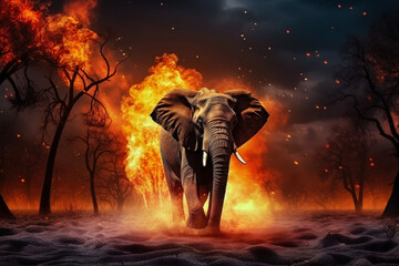 Fototapeta premium A massive elephant stands tall in front of a raging fire-filled forest