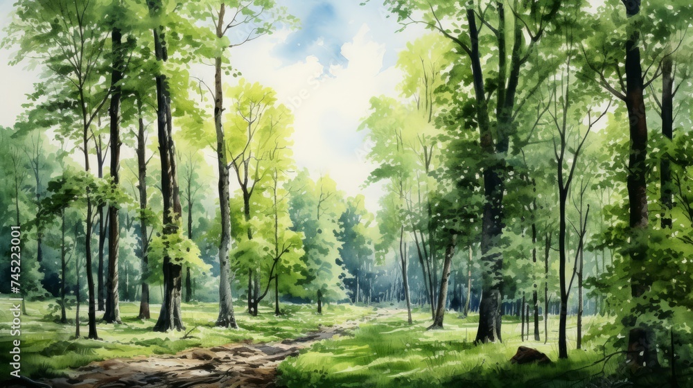 Poster Generative AI A lush, green forest with towering trees and sunlight filtering through.