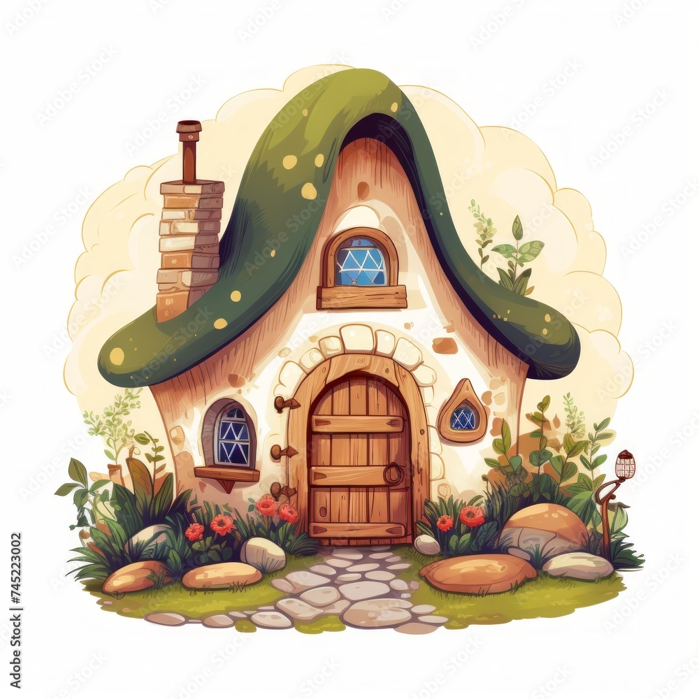 Poster Generative AI A magical tiny house with a cobblestone pathway and a cozy hearth inside.