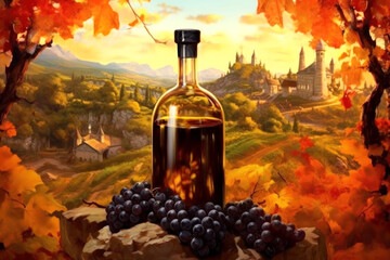 bottle of amber liquid and fresh grapes, set against a landscape of idyllic charm - obrazy, fototapety, plakaty