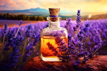 Obraz na płótnie Canvas glass bottle nestled among lavender blooms