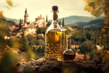 bottle of amber liquid and fresh grapes, set against a landscape of idyllic charm