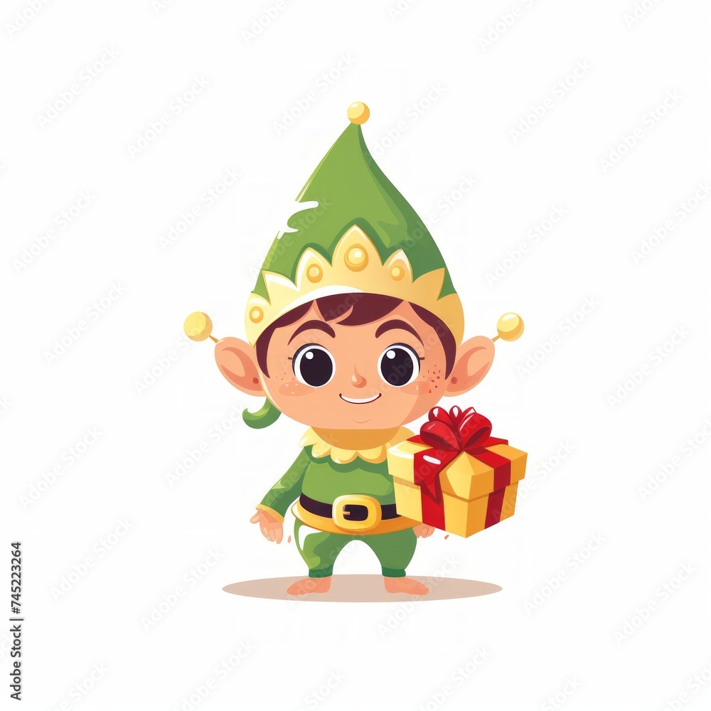 Aufkleber Generative AI A mischievous elf with pointy ears and a jingling bell hat, holding a tiny gift.