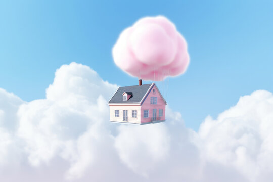 Dreamy floating house tied to a cloud against a blue sky