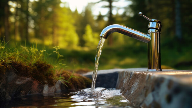 A faucet is actively pouring water into a pond, showcasing water conservation and the importance of saving drinking water