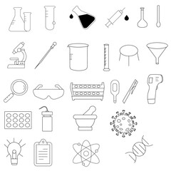 Icon Set Of Chemistry.Chemical research line icon set. Chemist, beaker, experiment,temperature control,glasses, funnel, mortar and pestle, virus . Science concept : biology, lab tests, chemistry.