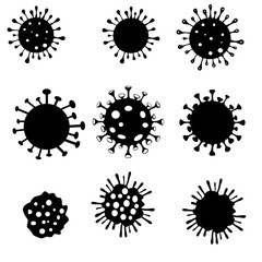 Set of virus silhouettes. Coronavirus icon sign collection. Stock vector collection set, black and white, isolated on white background. Virus infections epidemic on white background. Vector healthcare