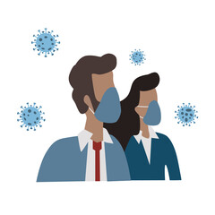 Woman and man use medical mask. Coronavirus protection mask. Woman and man in white medical face mask. Concept of coronavirus quarantine. Vector illustration.always use a mask