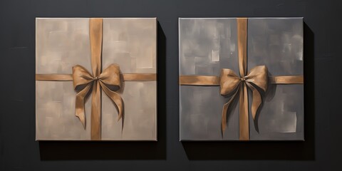 Two gray and brown gift boxes with golden ribbons on a black background, elegant and romantic