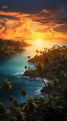 Fototapeta na wymiar Generative AI A panoramic aerial view displaying tropical islands enveloped in the warm colors of a vibrant sunset, with palm trees swaying gently against the backdrop of the evening sky.