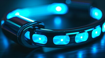 Wearable technology devices glowing in blue copyspace for health and fitness technology trends