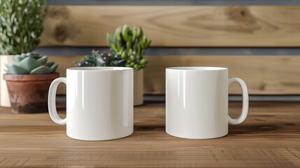 Fototapeta na wymiar Mugs on wooden table, closeup. Mockup for design
