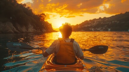 young man rowing kayak in the sea at sunset