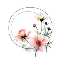 Watercolor flowers in a circular frame on white
