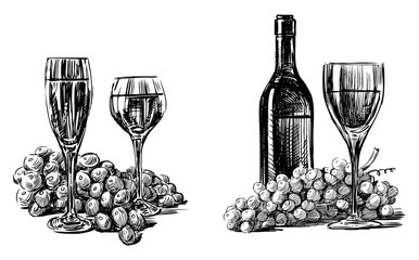 Hand drawings of still life with ripe grape bunches, wine bottle and  wine glasses, black and white vector illustration isolated on white - 745224431