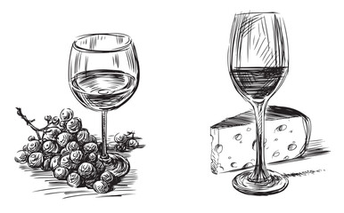 Hand drawings of wine glasses with grape bunch and cheese piece, black and white vector illustration isolated on white - 745224455