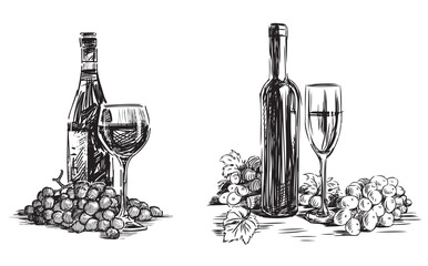 Hand drawings of still lifes with ripe grape bunches, wine bottles and wine glasses, black and white vector illustration isolated on white - 745224459