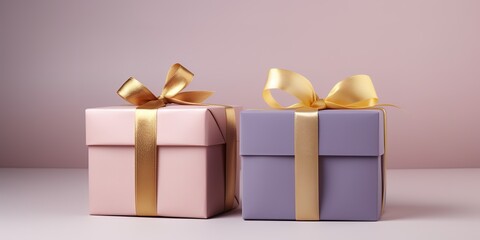 Purple and pink gift box with golden ribbon on pink background