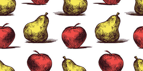 Seamless pattern of drawn ripe red apples and yellow pears fruits, vector background for paper,wallpaper,textile - 745224484