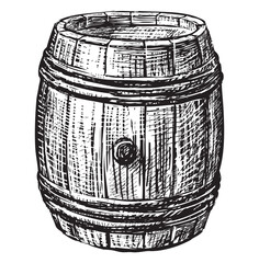 Old wooden wine barrel sketch for wine making, black and white vector hand drawing isolated on white - 745224487