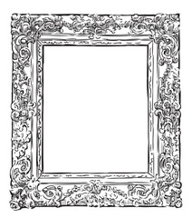 Sketch of decorative wooden carved frame in vintage style, vector hand drawing isolated on white - 745224619