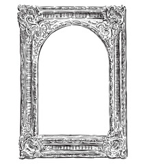 Sketch of ornate carved wooden frame in retro style, vector hand drawing isolated on white - 745224634