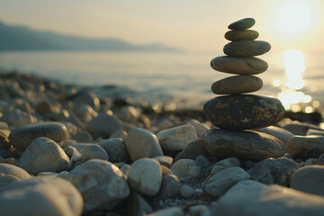 Zen stones stacked on a pebble beach at sunset